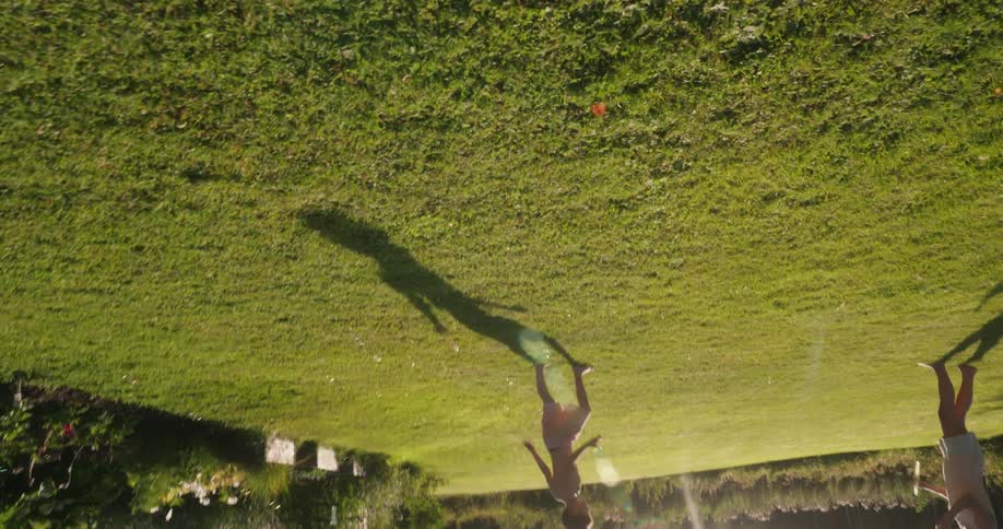 Upside down perspective of a boy trying to catch soap bubbles created by a female family member on their home lawn