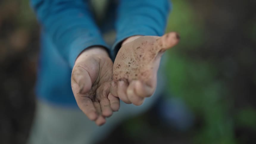 Close up of a childs hand with soil