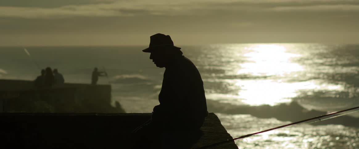 Silhouette of people in an elevated seaside environment