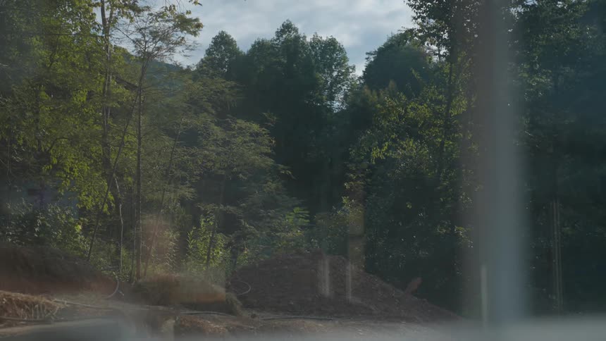 Window view of an area with land and trees around