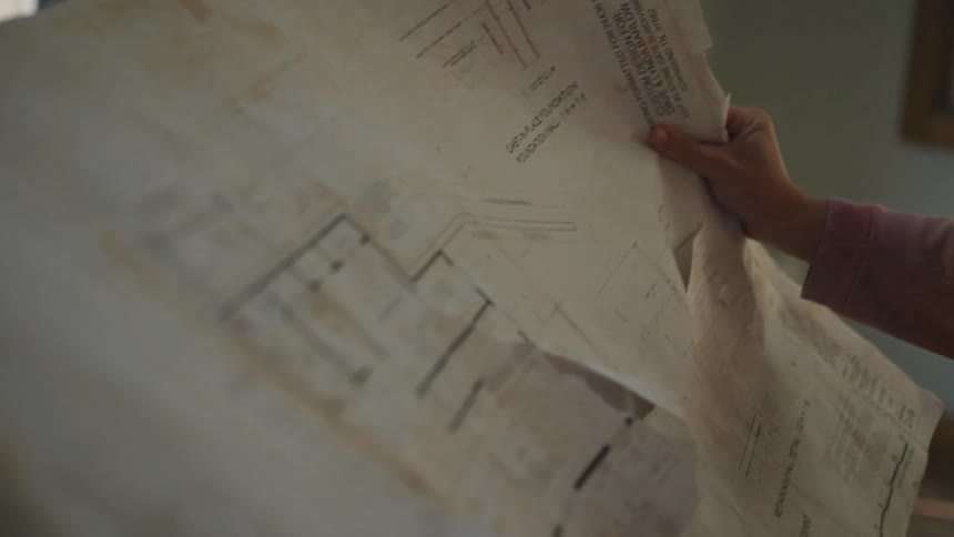 A woman holding up to read a large old and parcially torn house blueprint