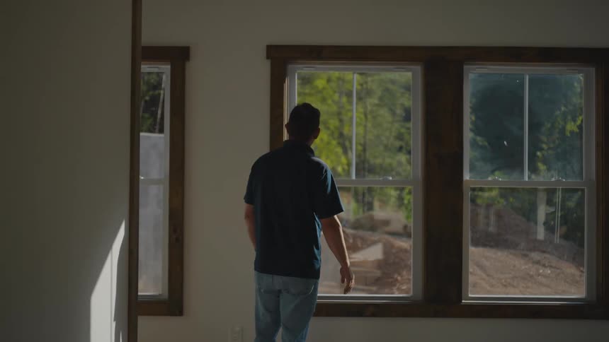 Man inside house looking out window at a plot of land with soil and trees in the background