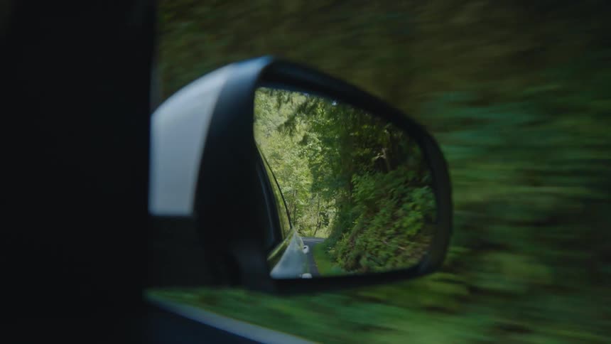 A cars side mirror reflects a winding road through a lush green forest while the car is driving