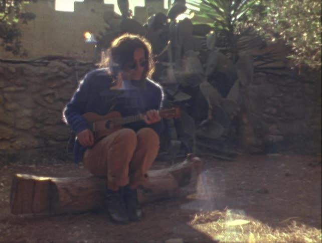 Woman sitting on a wooden stump playing a small guitar in a natural setting