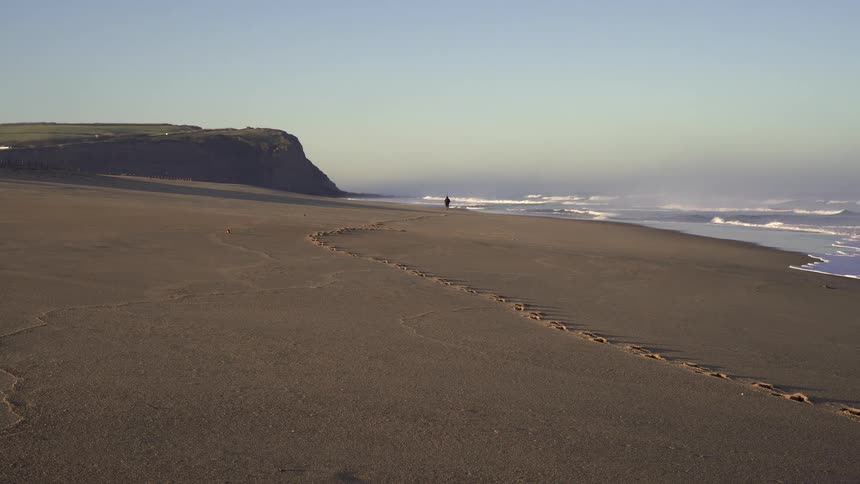 A person leaves footprints on the sand of a vast beach under a clear sky