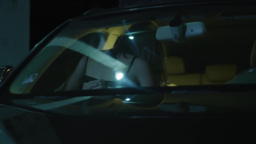 Woman in bra having with a person inside a parked vehicle at night