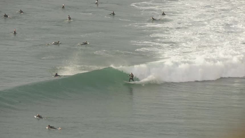 A group of surfers in the ocean with one surfer riding a wave