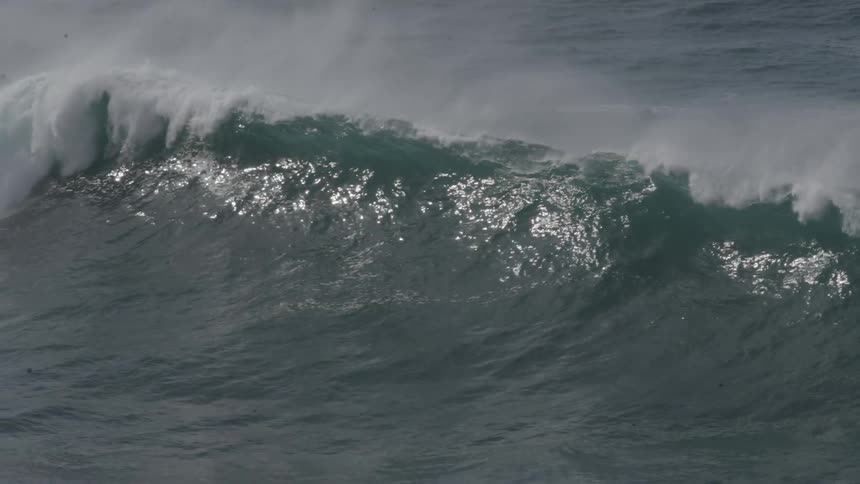 A large wave cresting in the ocean with sunlight reflecting off the waters surface