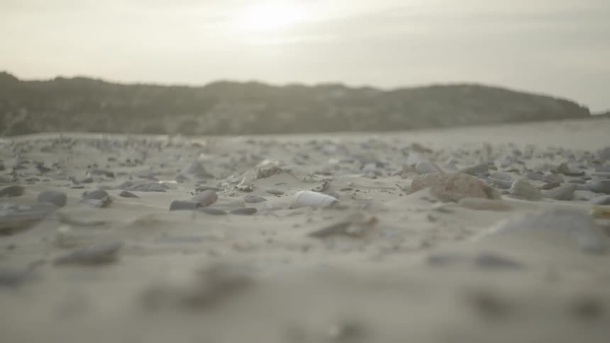 Sandy plain strewn with small rocks borders a hill on a cloudy day