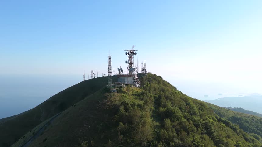 Aerial view of antennas on a mountain peak