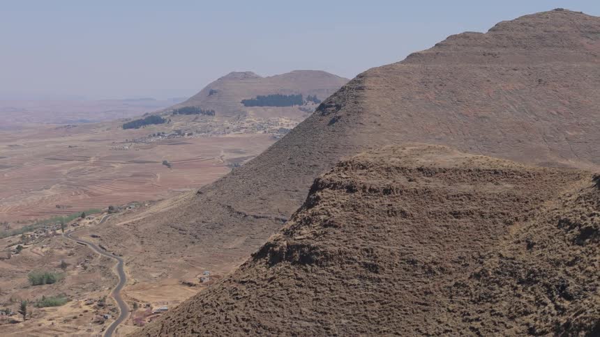 Aerial view of a rugged arid mountainous landscape