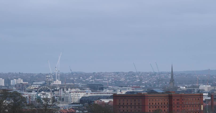 A city with tall buildings and several construction cranes on a day with white skies