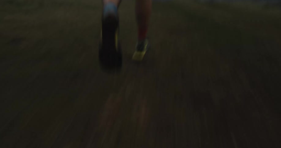 A person from behind is running in sports shoes on a grass ground in a rural area