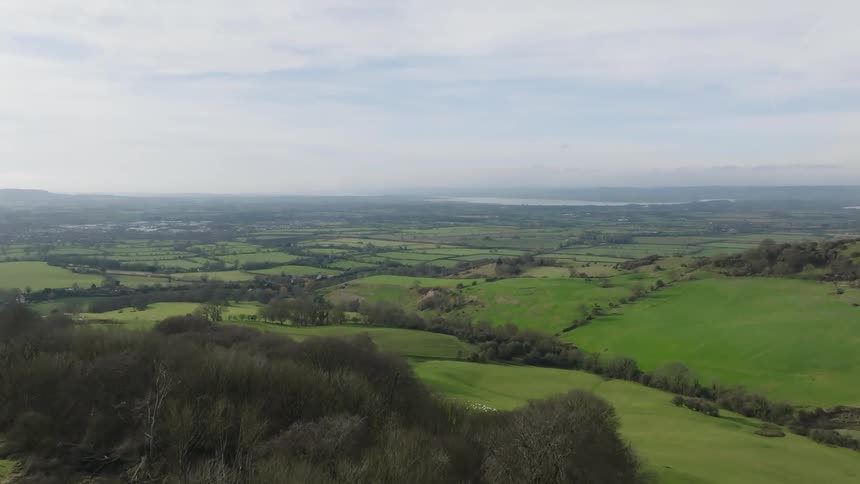 Aerial landscape of green hills and fields with scattered trees