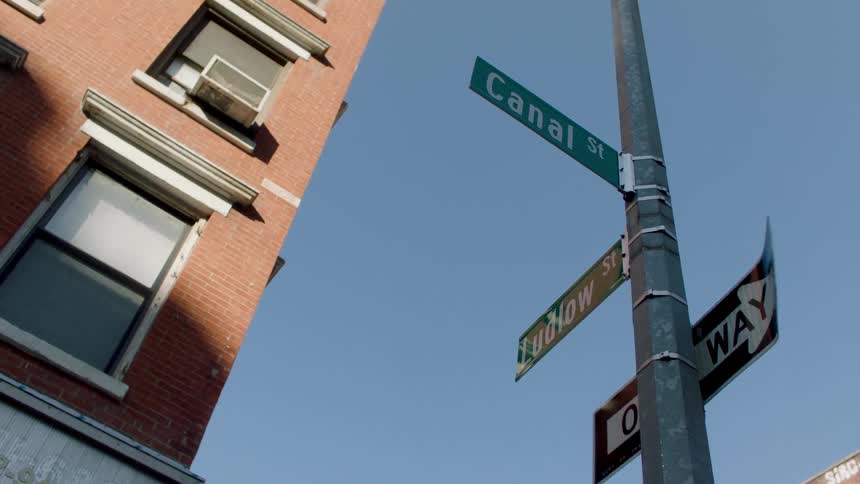 Street sign at an intersection against a clear blue sky in the background