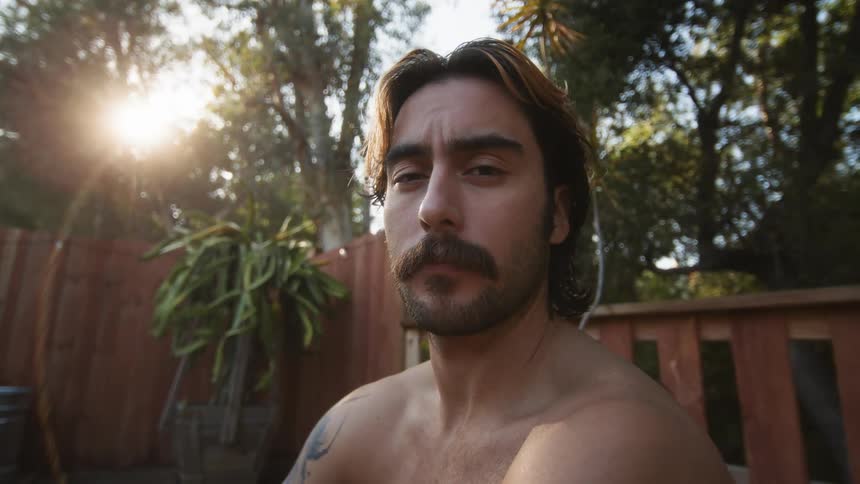 Portrait of a shirtless man in an outdoor setting surrounded by vegetation with a sun in the background