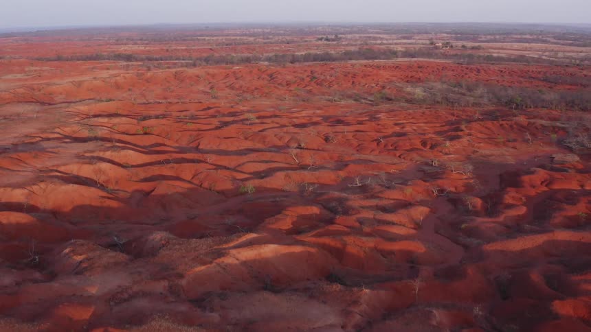 A desert with large dunes stretches far away to the horizon