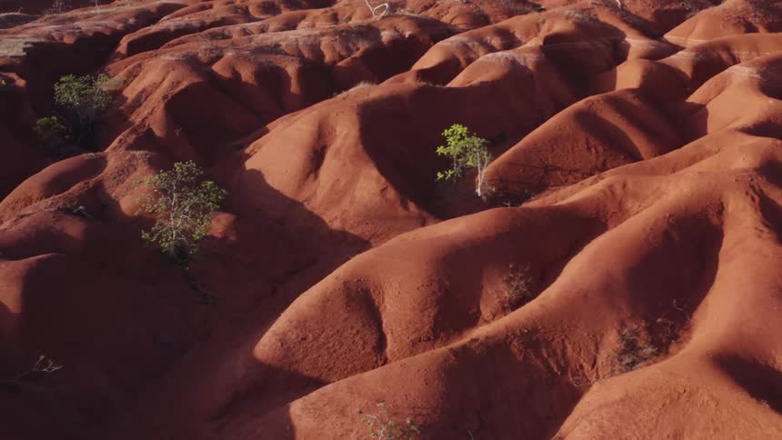 Aerial view of arid terrain with undulations and sparse vegetation