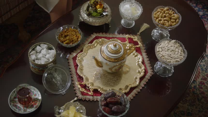 Table decorated with dishes and food