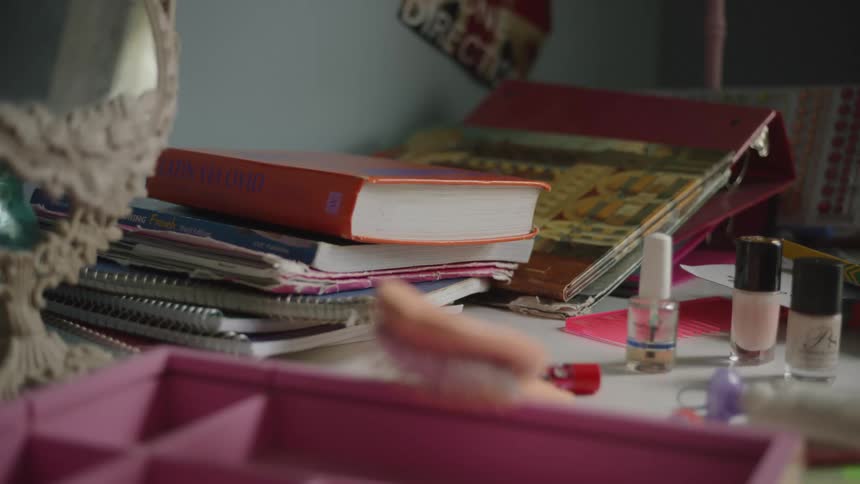 Nail polishes and books on the table