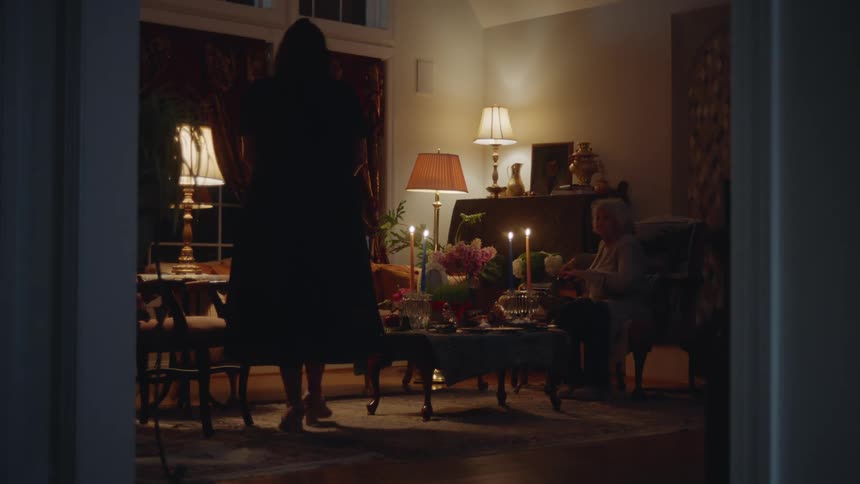Woman entering the room and greeting an elderly lady