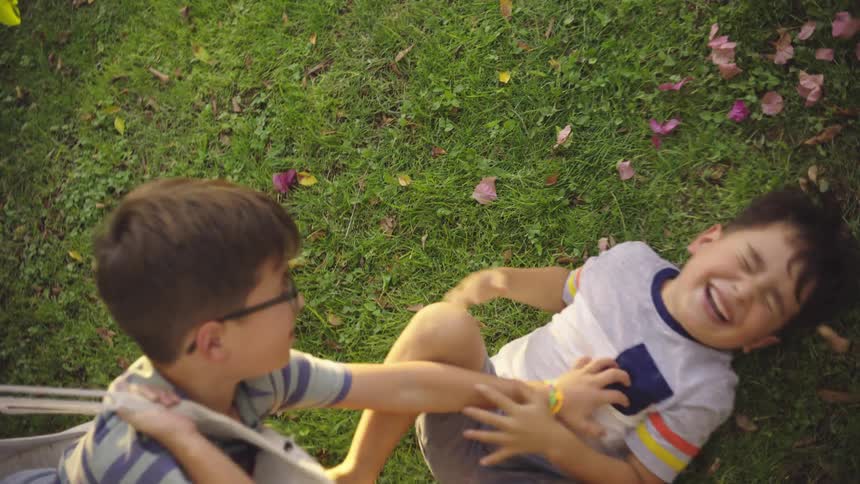 Two children playing in a garden with pink leaves falling