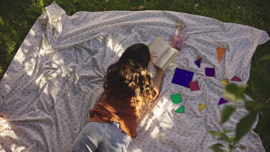 A woman lies on a blanket outdoors and reads as part of a swing passes by overhead