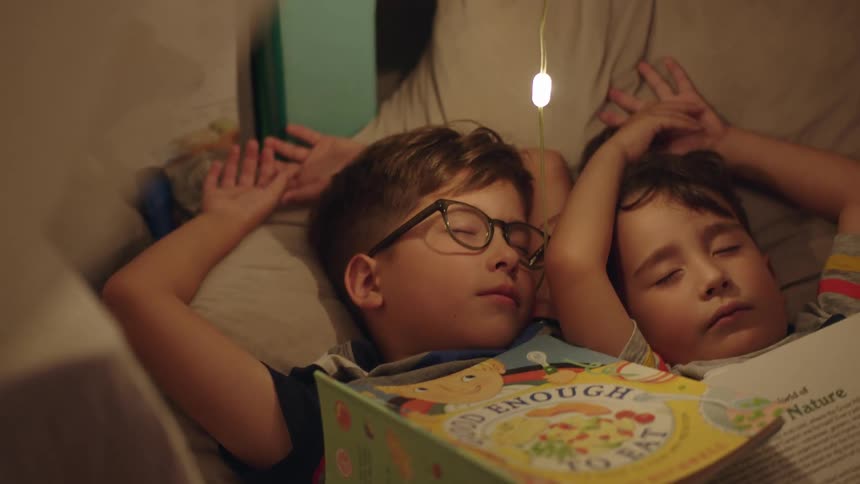 Two young boys are asleep in a bed with a book open nearby