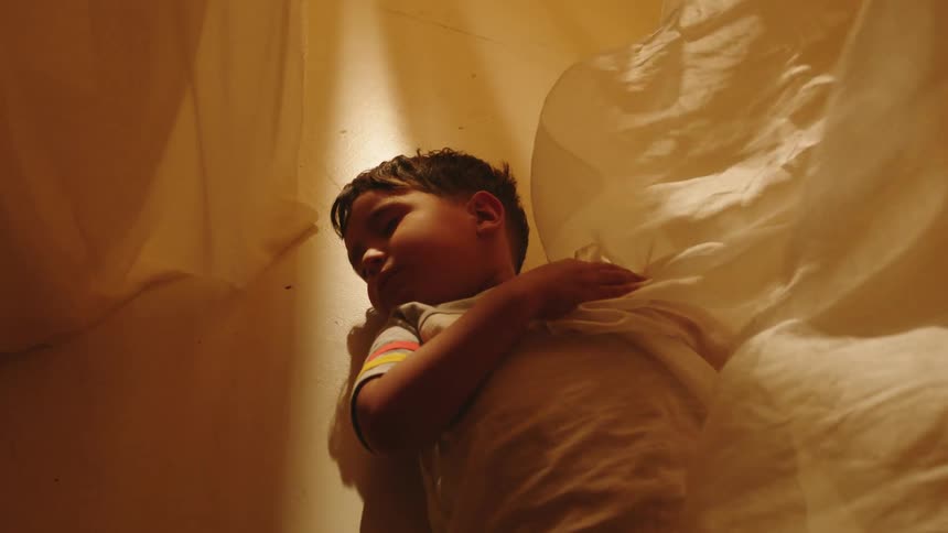 A young boy sleeps peacefully under a sheer curtain