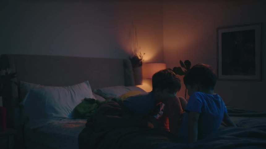 Two boys sitting on a bed in a dark room playing with a flashlight