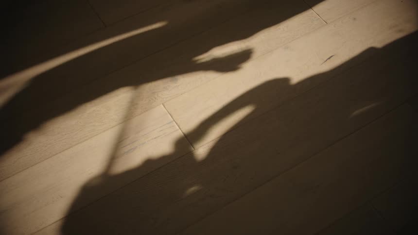 The shadows of two children playing rock paper scissors projected on a wooden floor