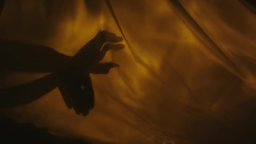 Person makes a hand shadow puppet of a flapping bird through a translucent fabric