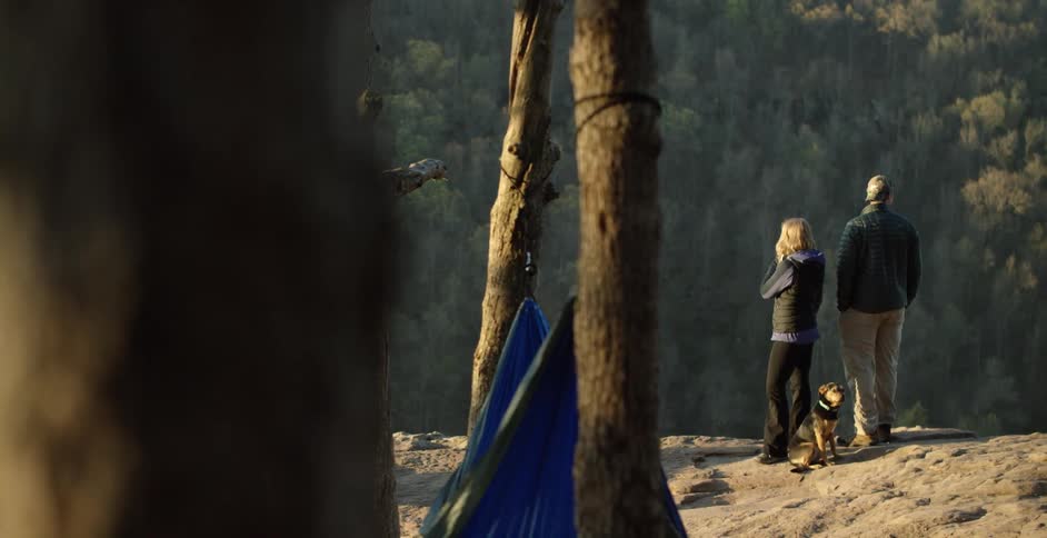 A man and woman stand with a dog in a forested area