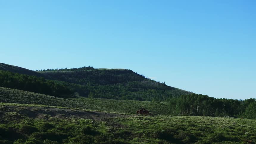 Two people ride their horses over a hill near a forested slope