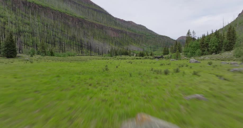 Aerial of a green meadow with a small stream within a mountain range
