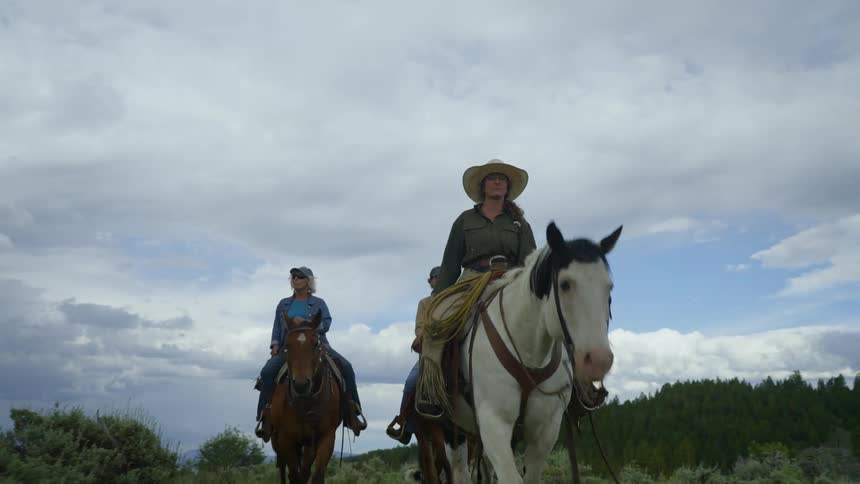 Three people are horseback riding
