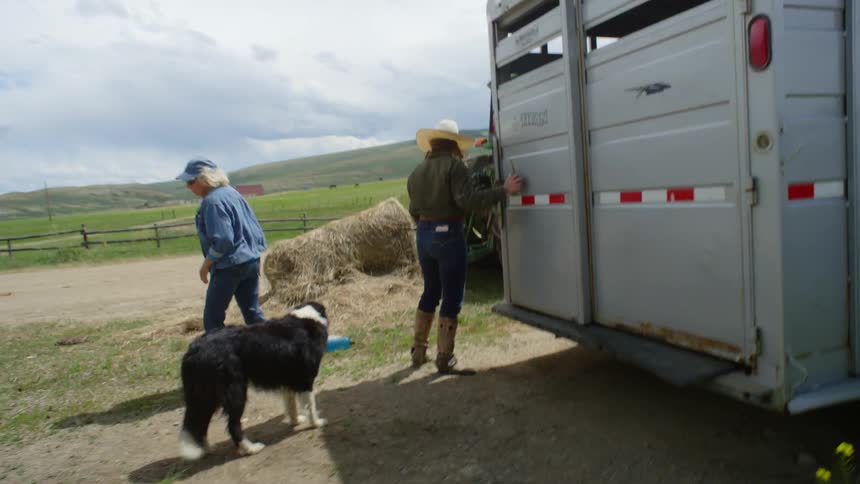 Two women closing the back of a truck in a pasture with a dog next to them