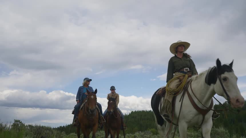 Three horses guided by two women and a man walking in a natural environment