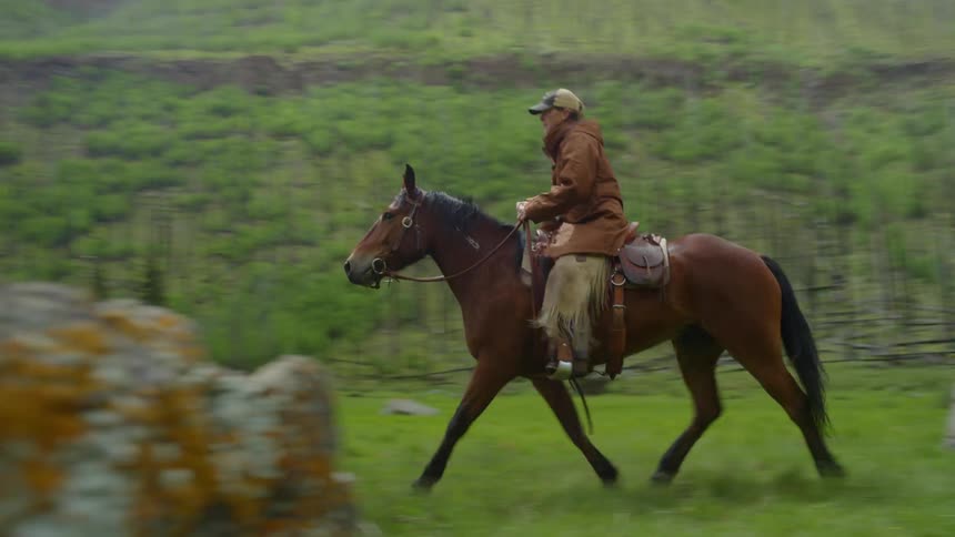 A woman on horseback rides across a green valley with a dog leading the way