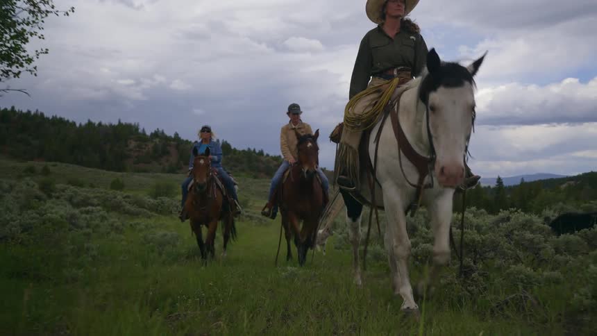 People ride their horses past hills while their dogs travel with them