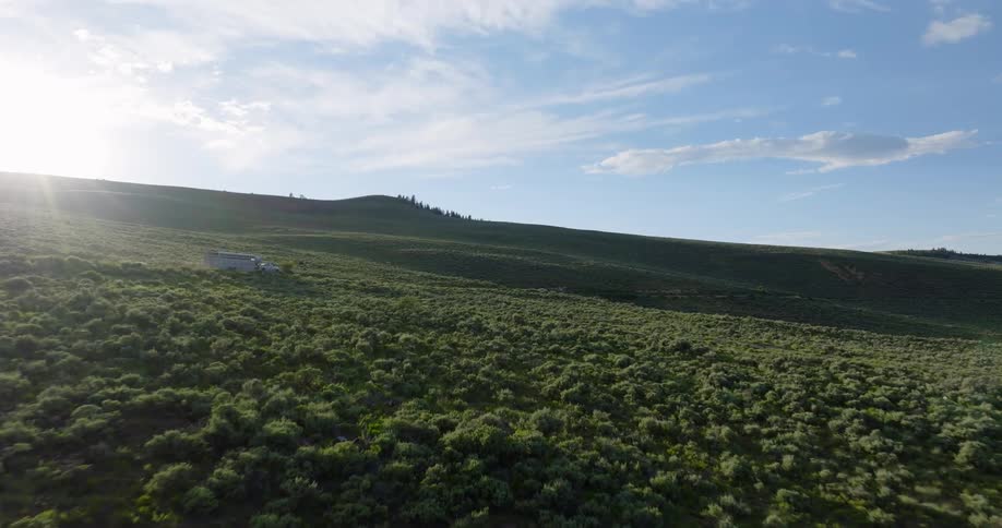 Aerial view of a pickup truck traveling in an environment with grassland and vegetation