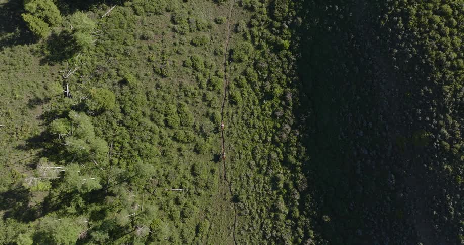 Two people on horseback making their way across a narrow path through a grassy valley