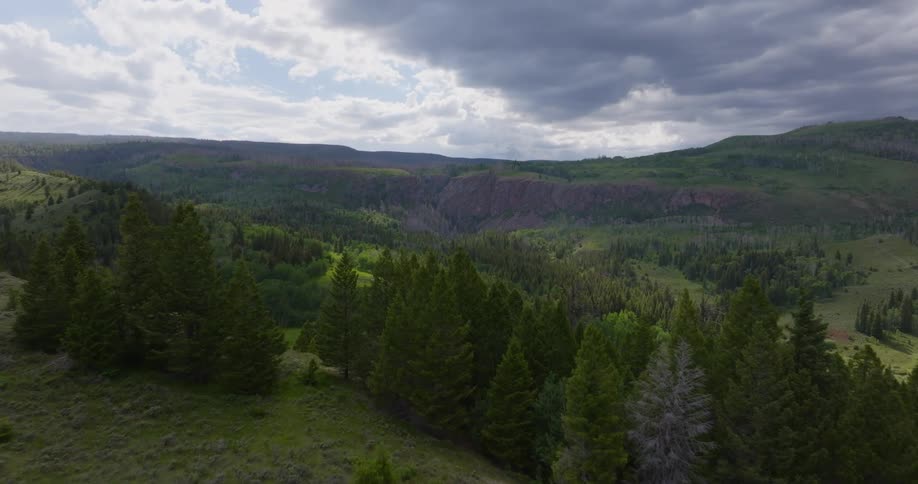 Conifer woods cover the slopes of mountains surrounding a rural homestead on a very cloudy day