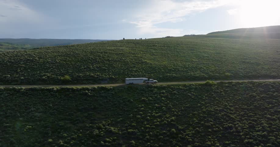 Truck pulls a livestock trailer along a road through the rural countryside on a cloudy day