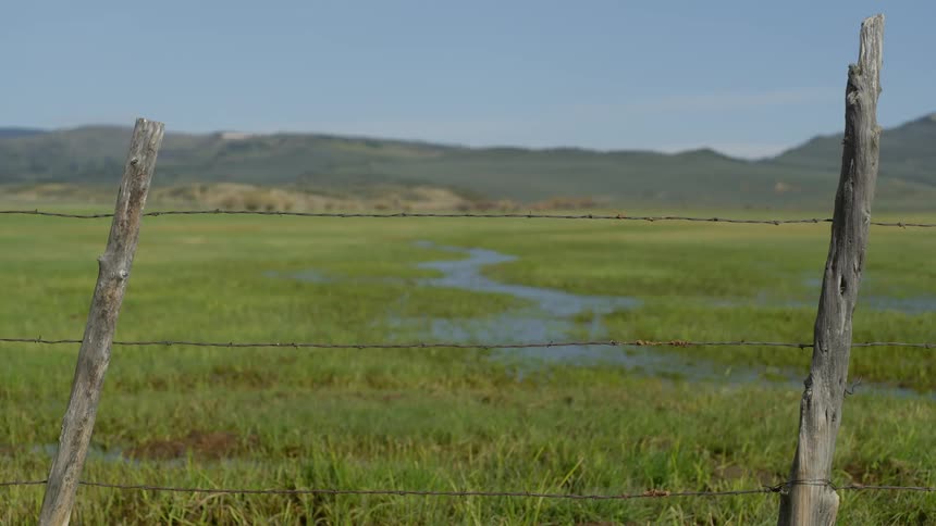 A grass field with a large puddle of water and a wooden and wire fence in front