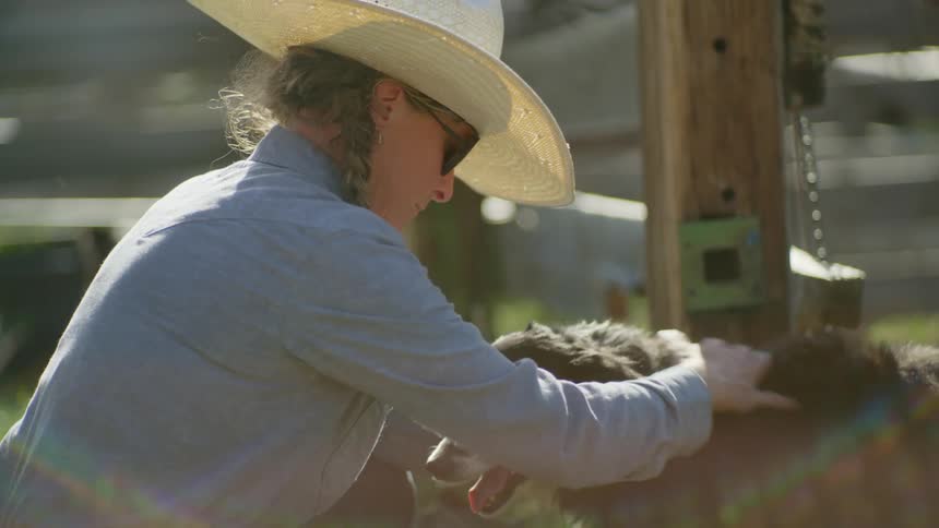 A blonde woman crouching down and wearing a sun hat is petting a black furry dog