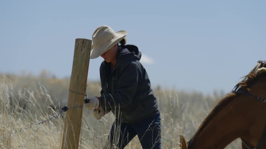 Woman next to a horse adjusting a barbed wire fence