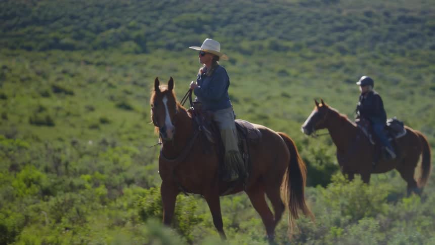 Two women on horseback riding through a green landscape with rolling hills