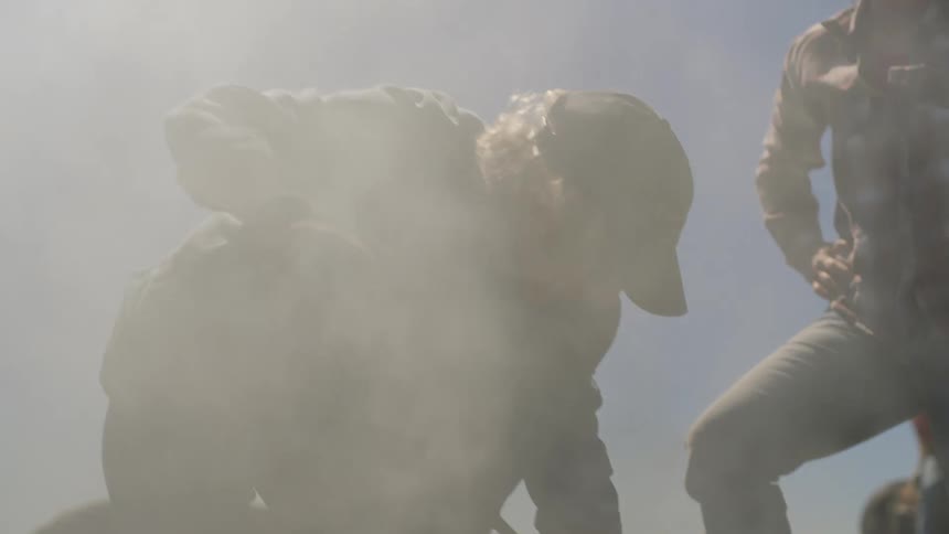 Two people using a smokeemitting tool on an animal