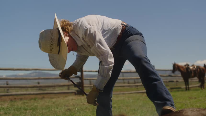 A woman in a corral with a hot iron branding an animal laying on the floor as other people ride by on horses